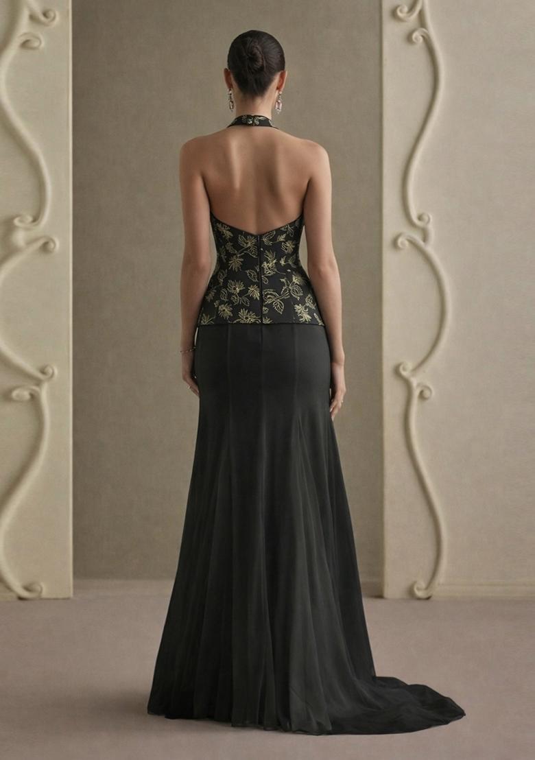 Black Embroidered Net Fusion Set - Indya
