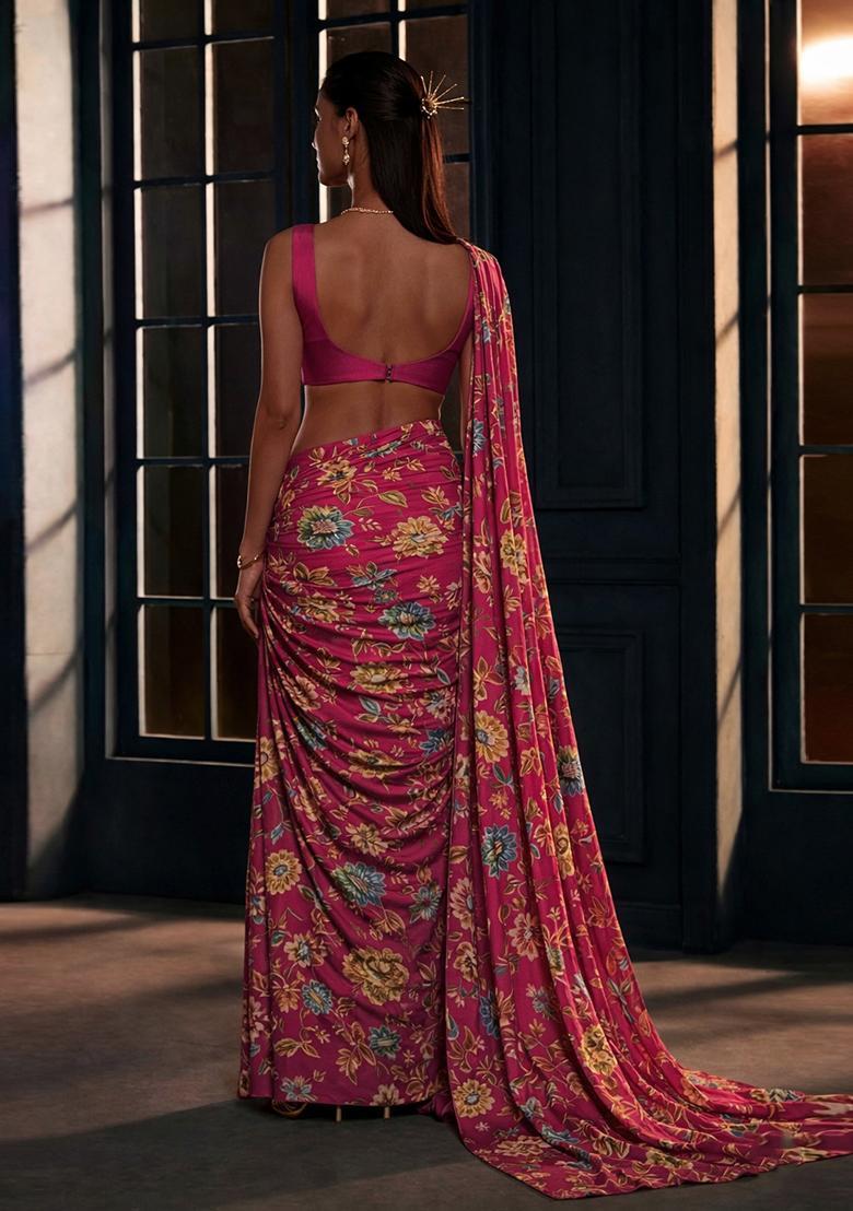 Magenta Pink Printed Crepe Pre Draped Saree Set - Indya