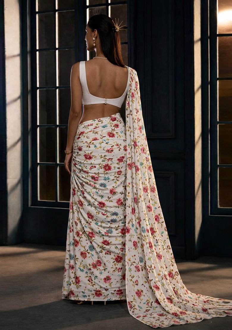 White Printed Crepe Pre Draped Saree Set - Indya