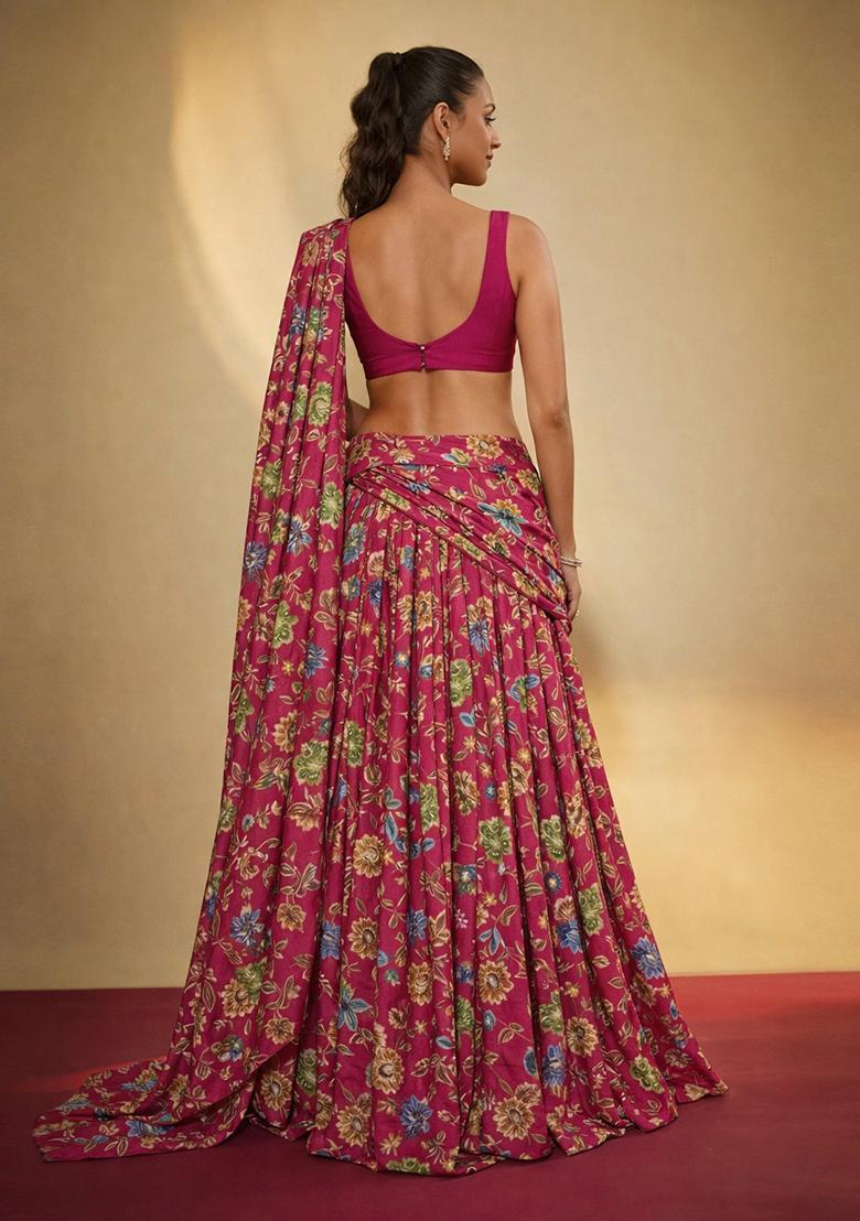 Magenta Pink Printed Crepe Lehenga Set - Indya