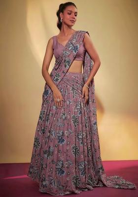 Mauve Printed Crepe Lehenga Set
