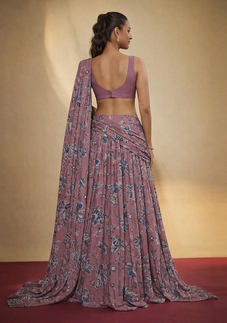 Mauve Printed Crepe Lehenga Set - Indya