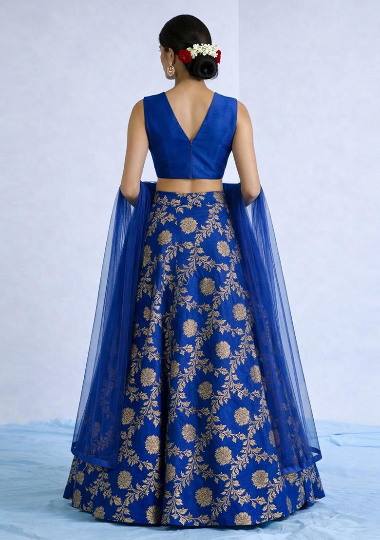 Royal Blue Chanderi Lehenga Set - Indya