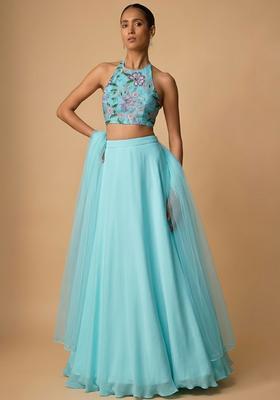 Turquoise Blue Embroidered Organza Lehenga Set