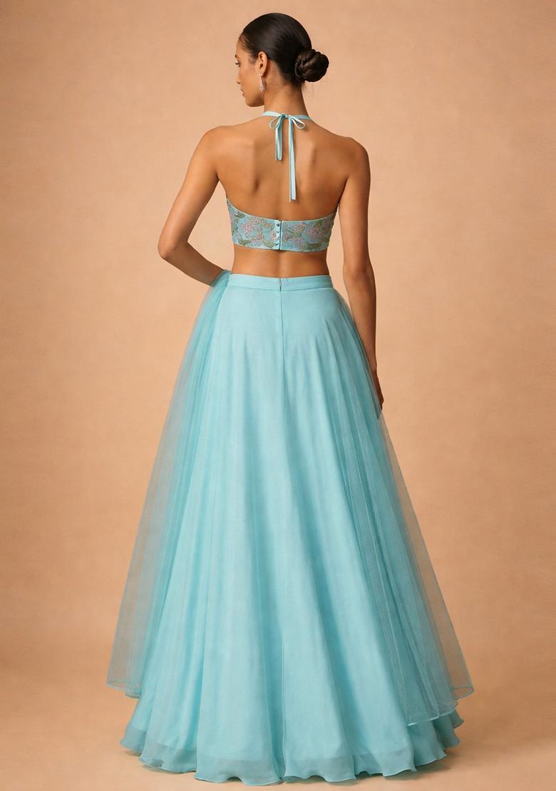 Turquoise Blue Embroidered Organza Lehenga Set - Indya