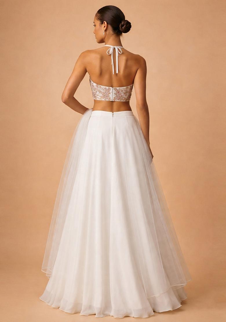 White Embroidered Organza Lehenga Set - Indya