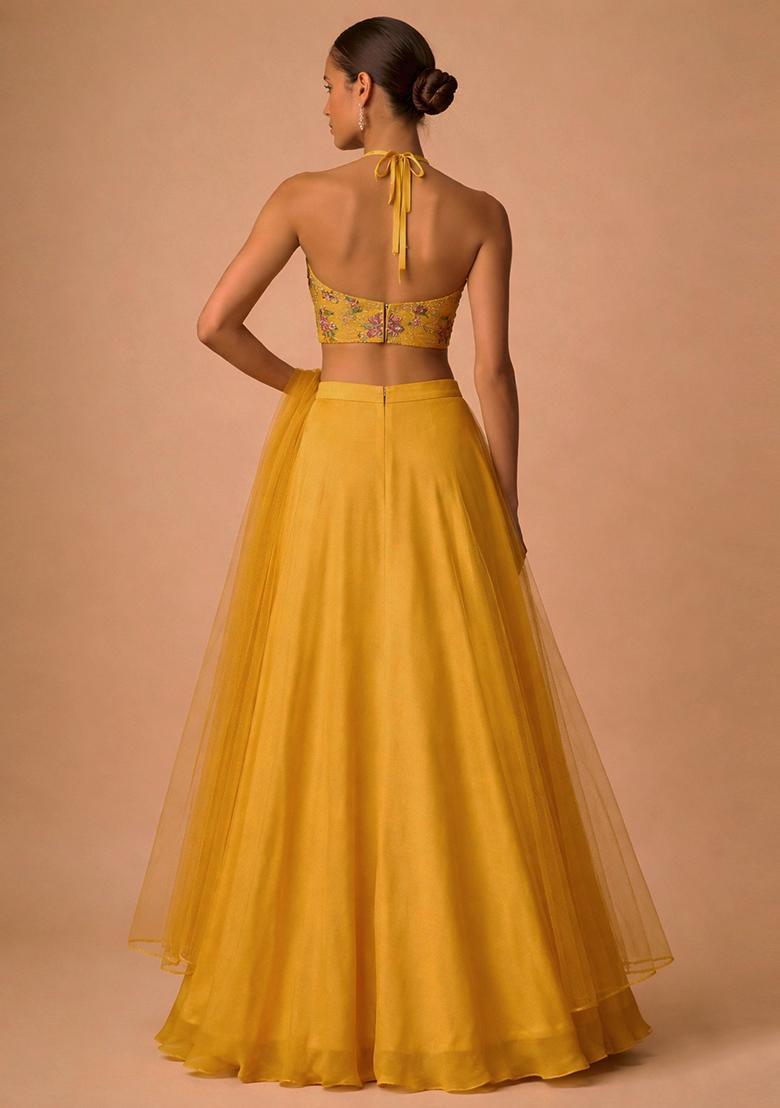 Mustard Embroidered Organza Lehenga Set - Indya