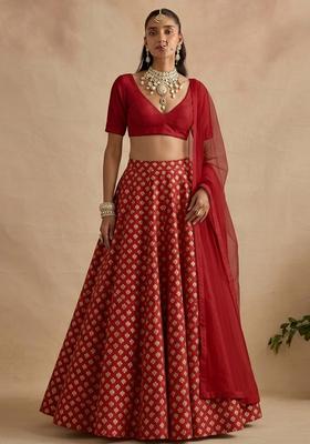 Red Silk Blend Lehenga Set