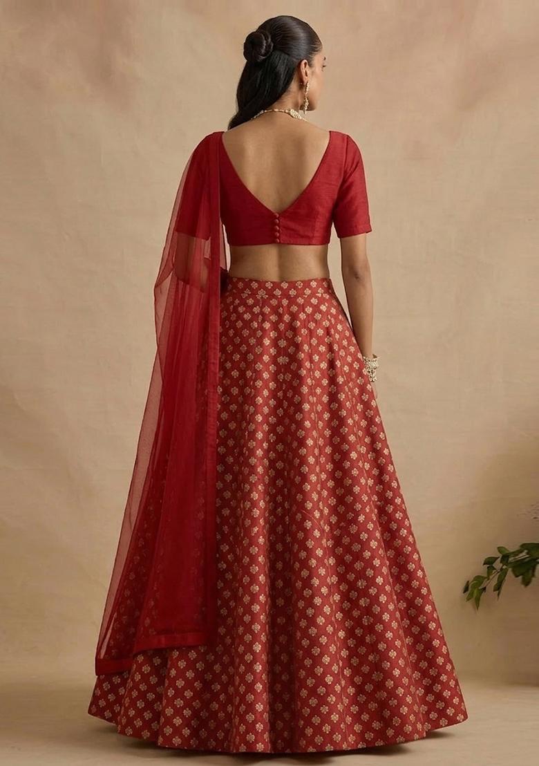 Red Silk Blend Lehenga Set - Indya