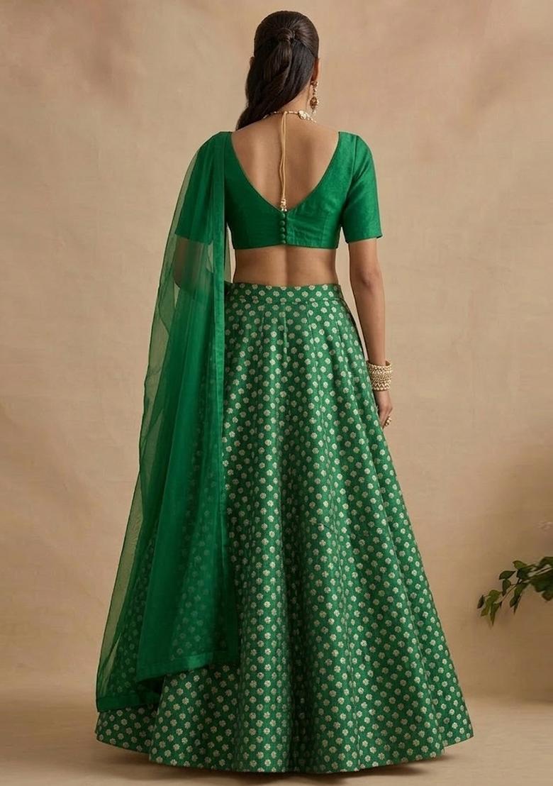 Bottle Green Silk Blend Lehenga Set - Indya