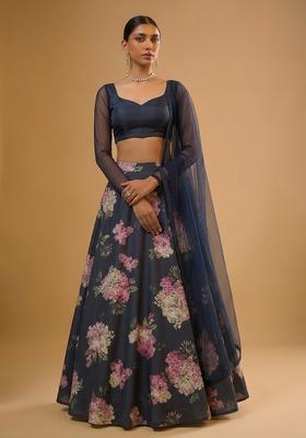 Navy Blue Printed Georgette Lehenga Set