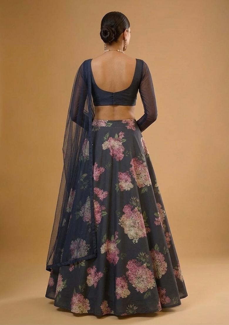 Navy Blue Printed Georgette Lehenga Set - Indya