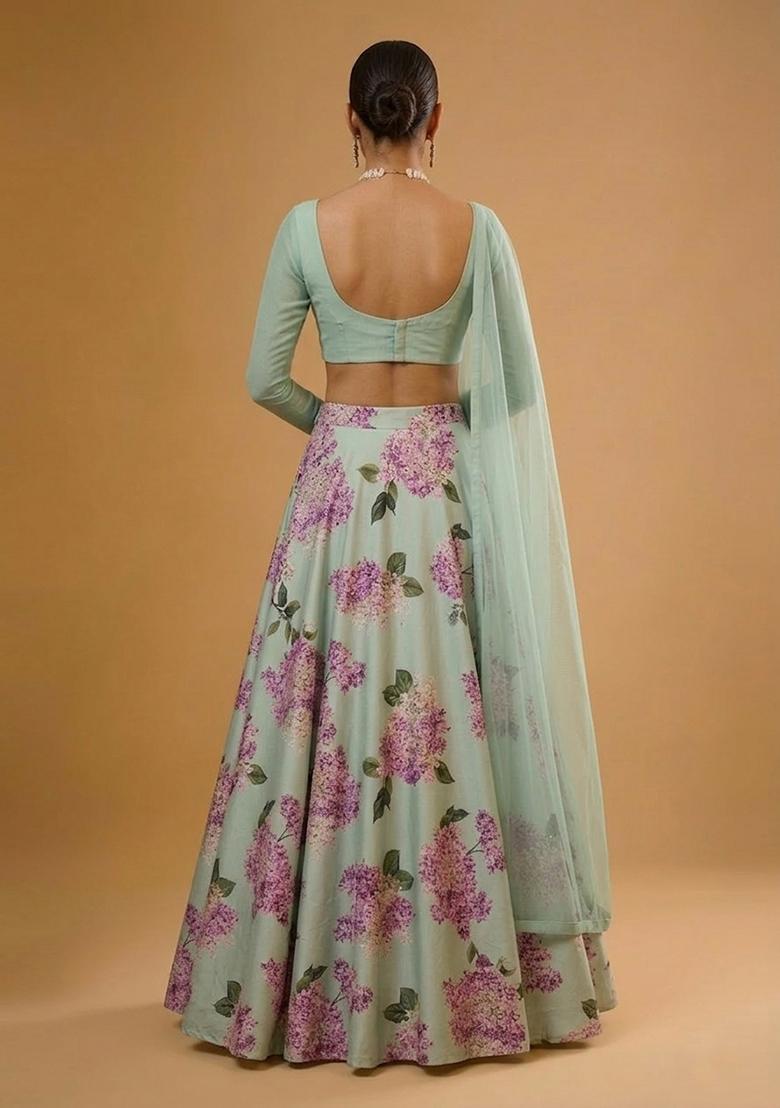 Powder Blue Printed Georgette Lehenga Set - Indya