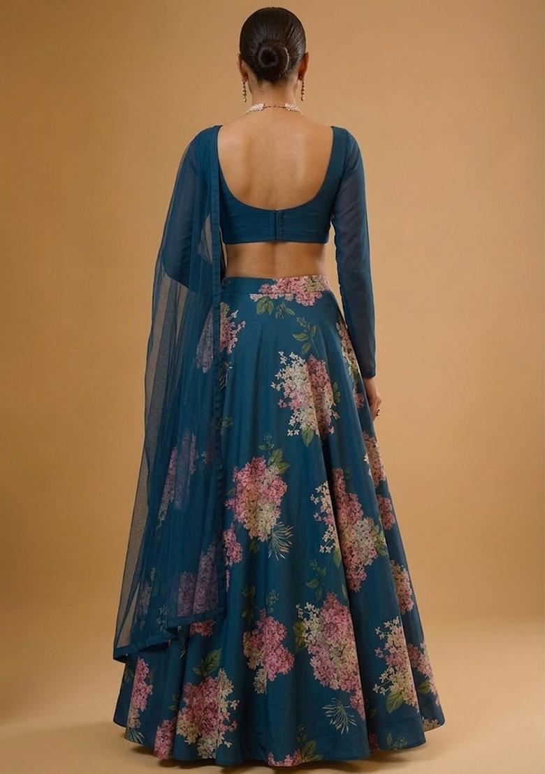 Navy Blue Printed Georgette Lehenga Set - Indya