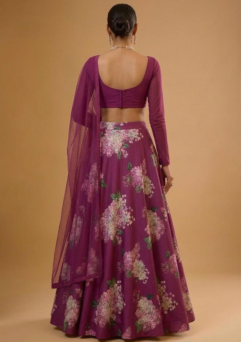 Hot Pink Printed Georgette Lehenga Set - Indya