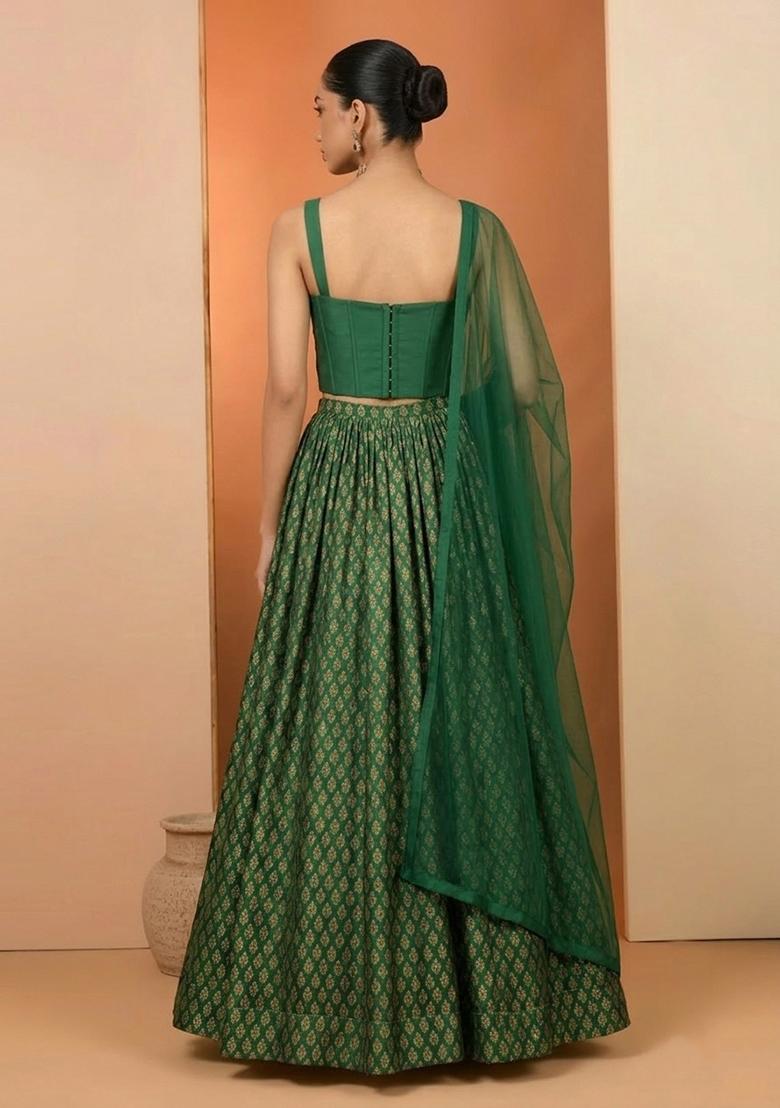 Emerald Green Brocade Lehenga Set - Indya