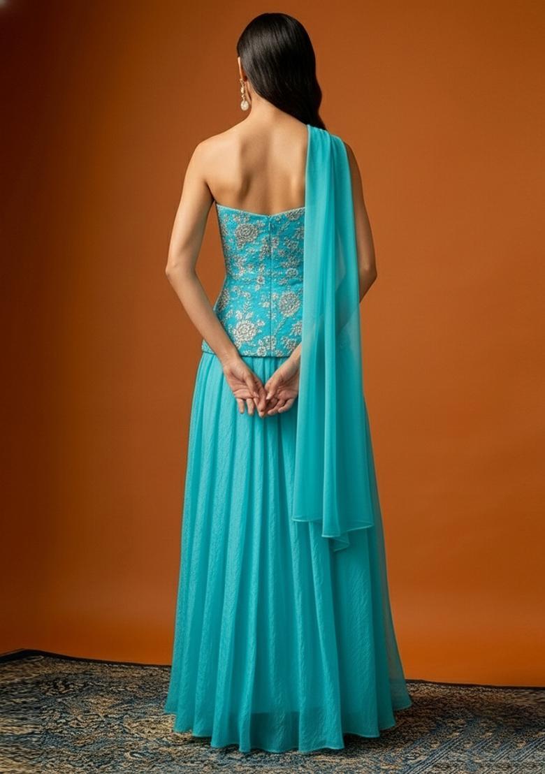 Teal Blue Embroidered Tissue Lehenga Set - Indya