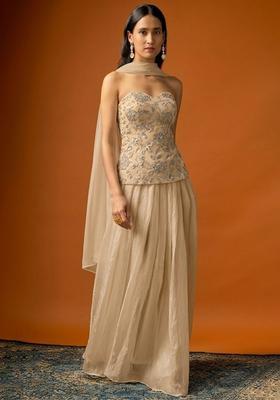 Sand Beige Embroidered Tissue Lehenga Set