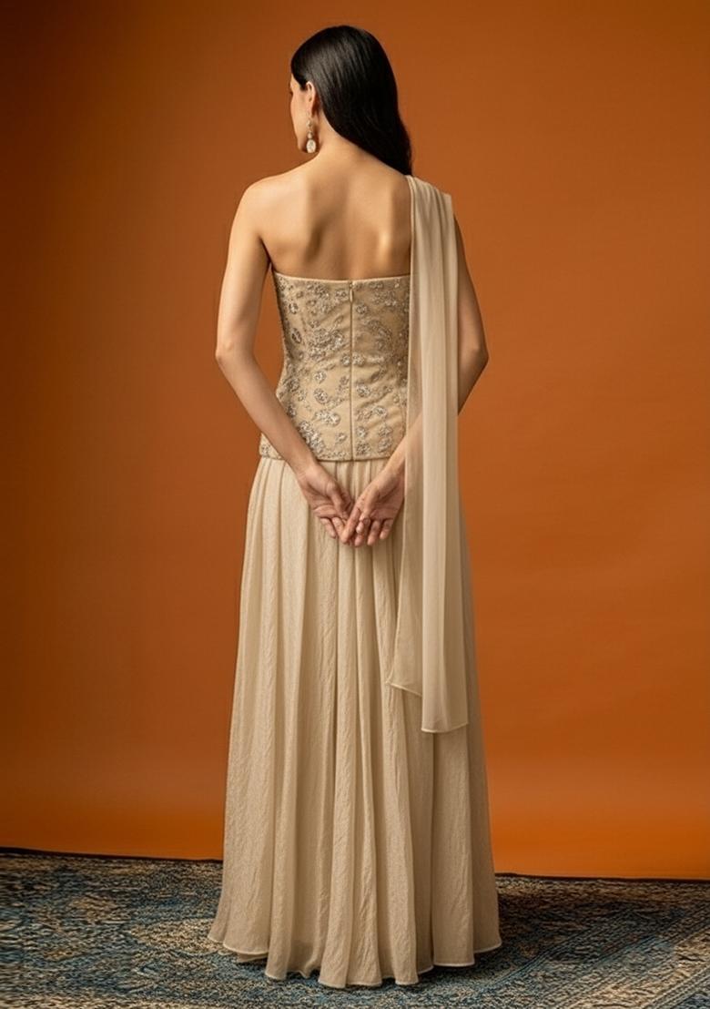 Sand Beige Embroidered Tissue Lehenga Set - Indya