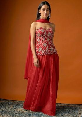 Red Embroidered Tissue Lehenga Set