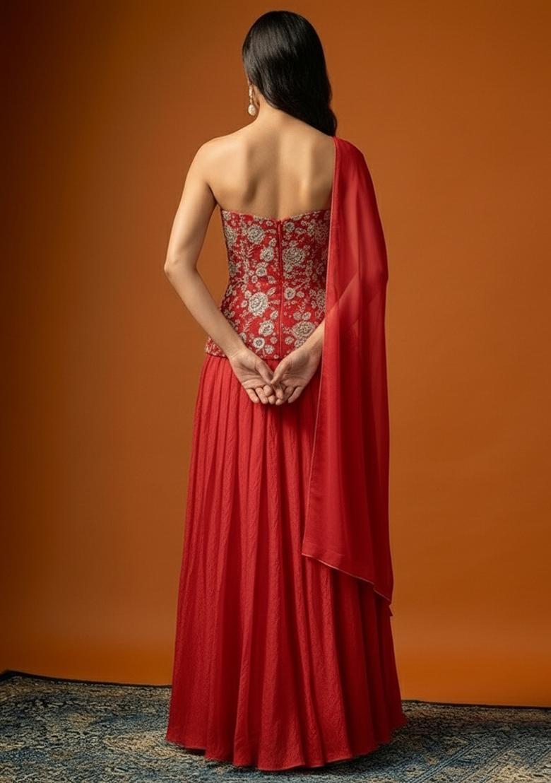 Red Embroidered Tissue Lehenga Set - Indya