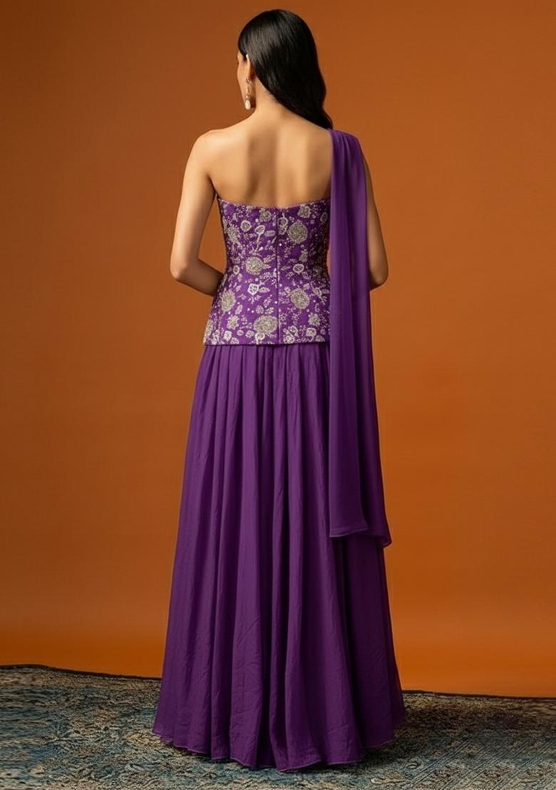 Purple Embroidered Tissue Lehenga Set - Indya