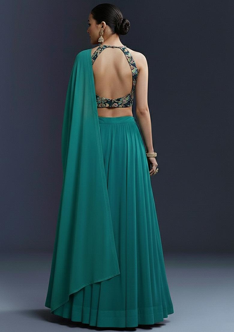 Teal Blue Embroidered Crepe Lehenga Set - Indya