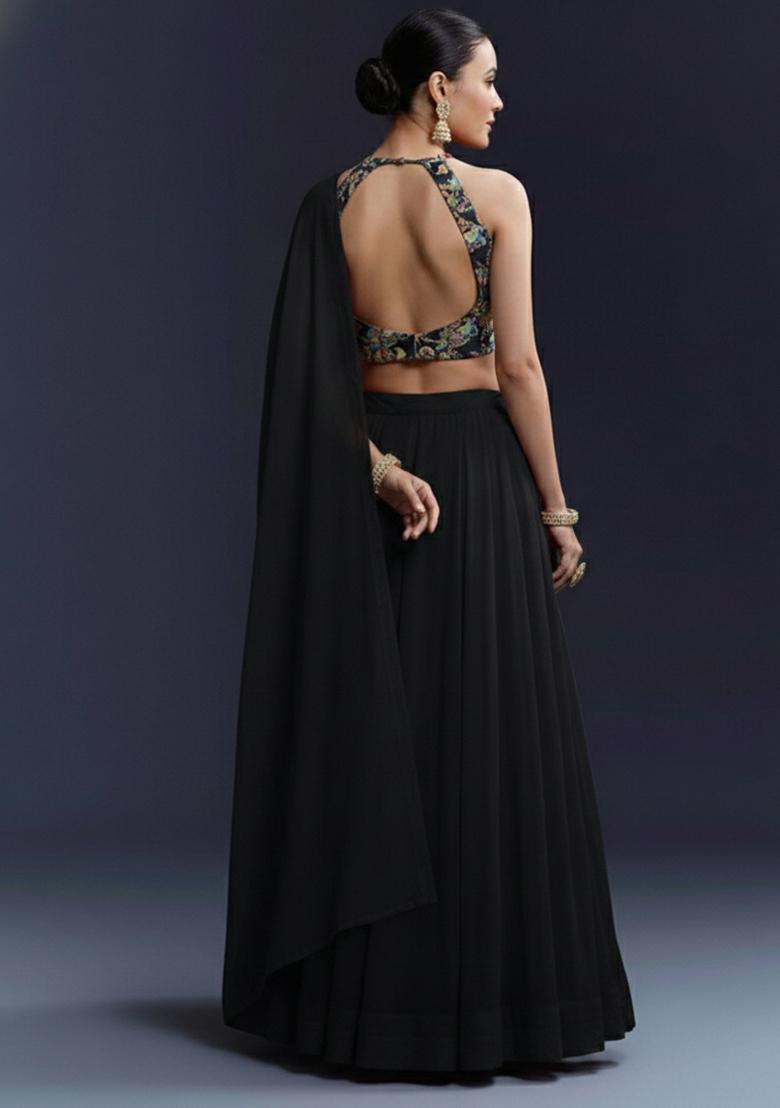 Black Embroidered Crepe Lehenga Set - Indya