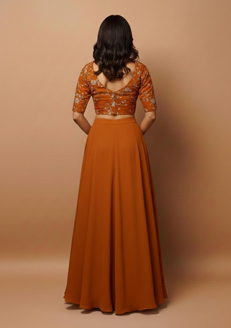 Rust Orange Embroidered Crepe Lehenga Set - Indya