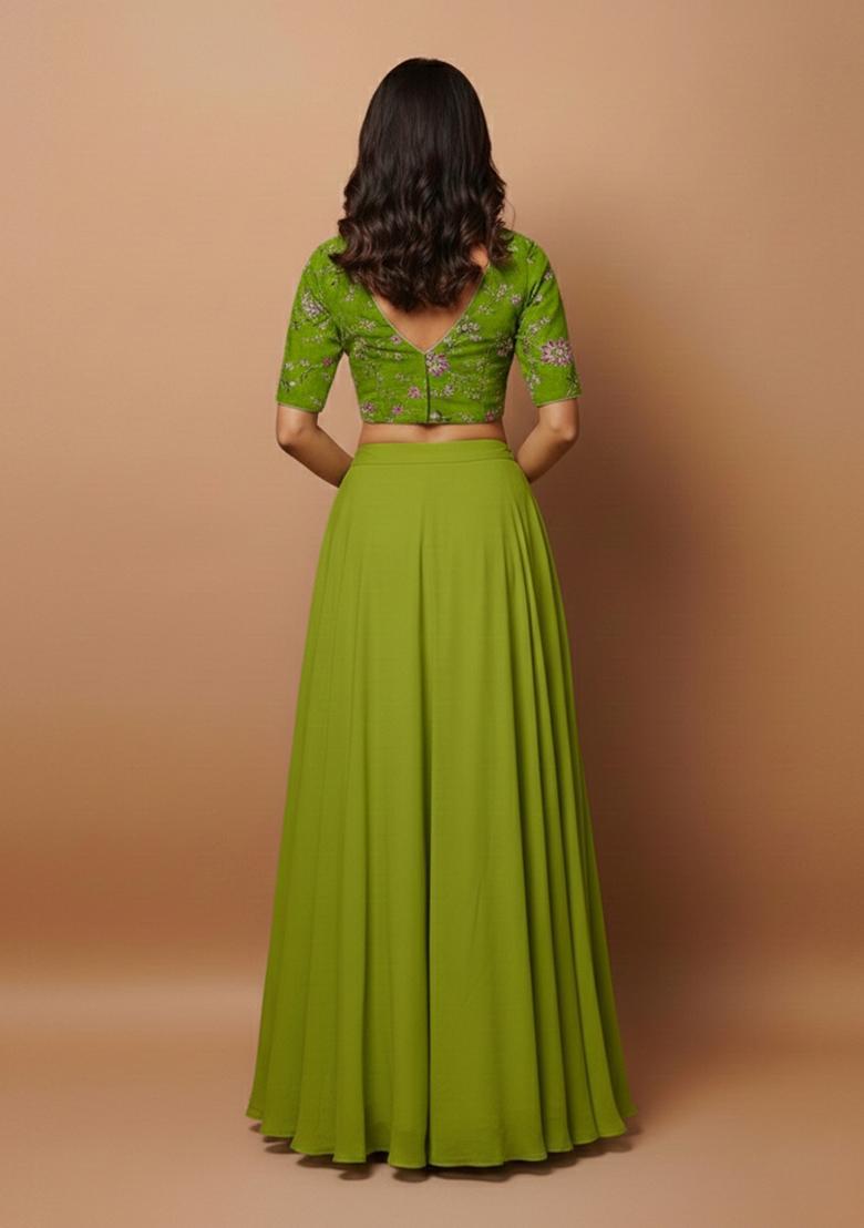 Leaf Green Embroidered Crepe Lehenga Set - Indya