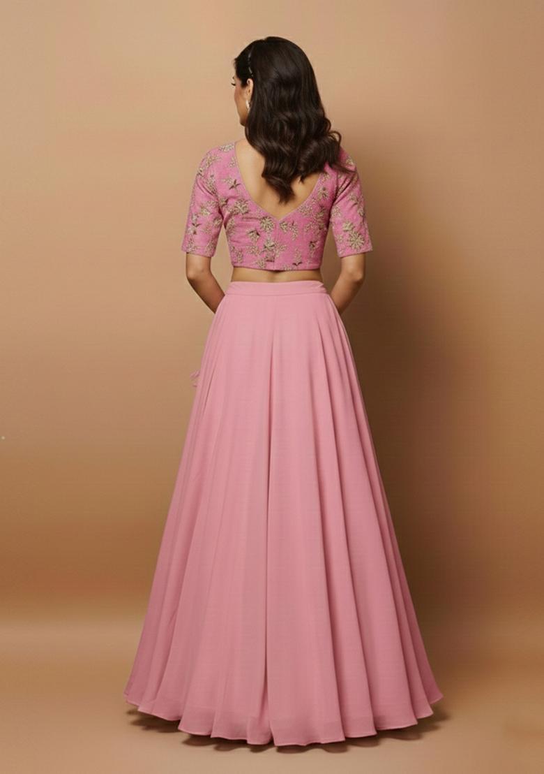 Pink Embroidered Crepe Lehenga Set - Indya