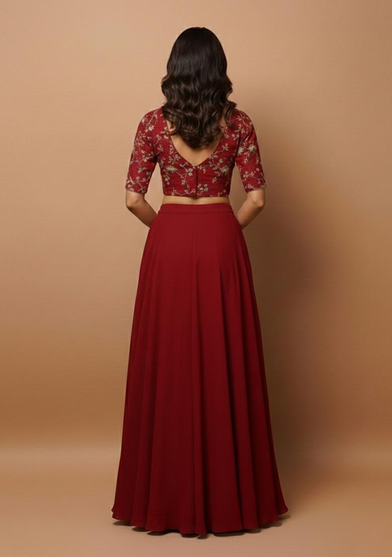 Red Embroidered Crepe Lehenga Set - Indya