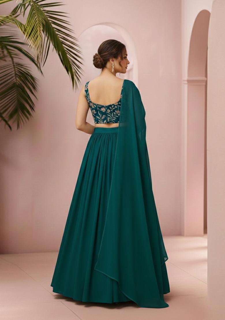 Deep Teal Green Embroidered Crepe Lehenga Set - Indya