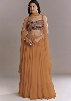 Rust Orange Printed Crepe Lehenga Set