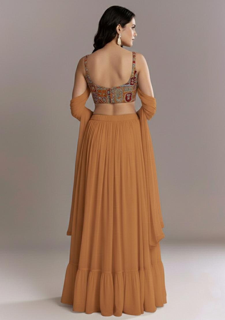 Rust Orange Printed Crepe Lehenga Set - Indya