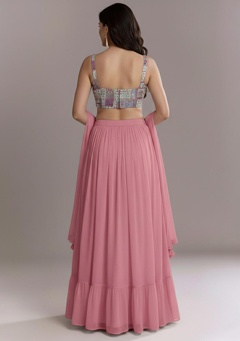 Blush Pink Printed Crepe Lehenga Set - Indya