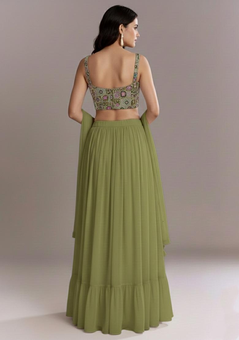 Olive Green Printed Crepe Lehenga Set - Indya