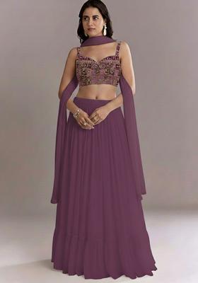 Wine Printed Crepe Lehenga Set