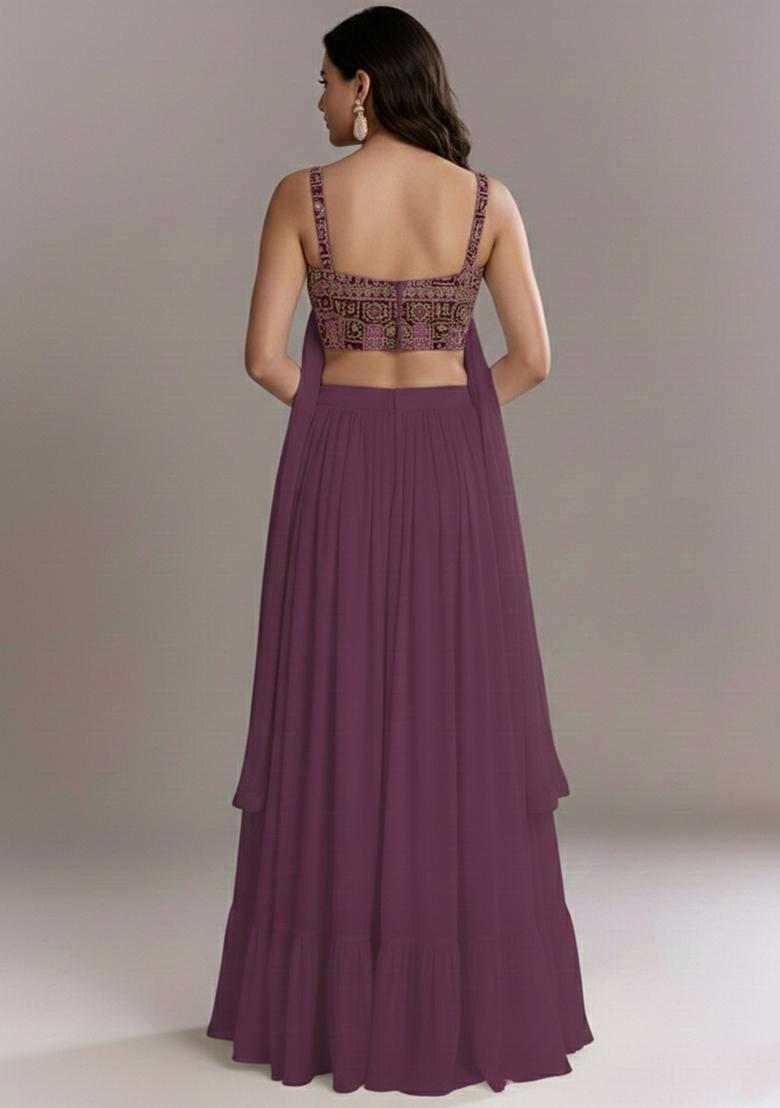 Wine Printed Crepe Lehenga Set - Indya