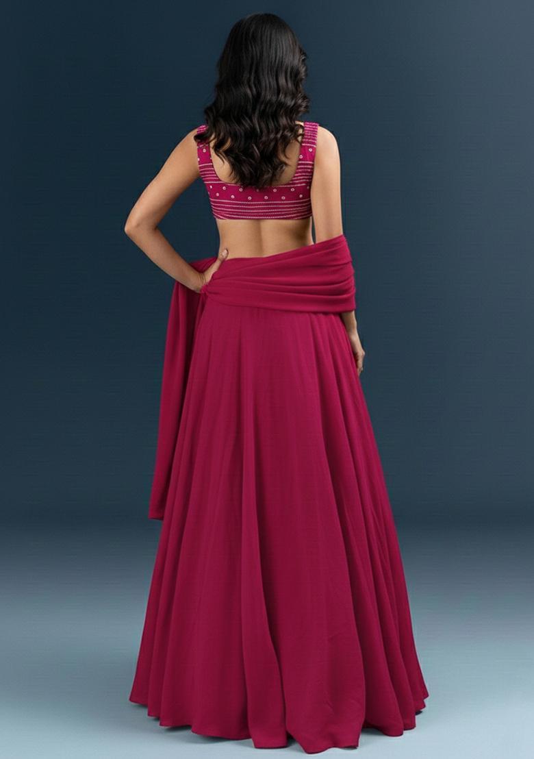 Magenta Pink Embroidered Chanderi Lehenga Set - Indya