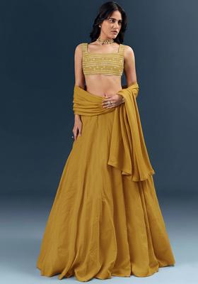 Mustard Embroidered Chanderi Lehenga Set