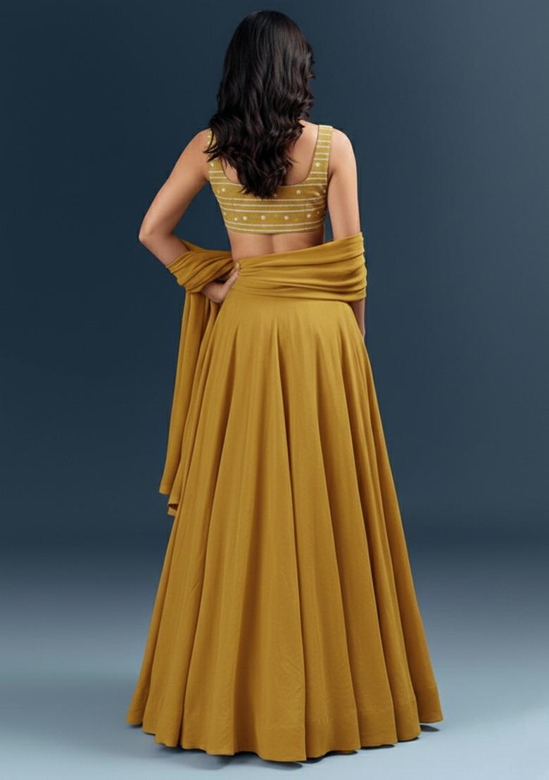 Mustard Embroidered Chanderi Lehenga Set - Indya