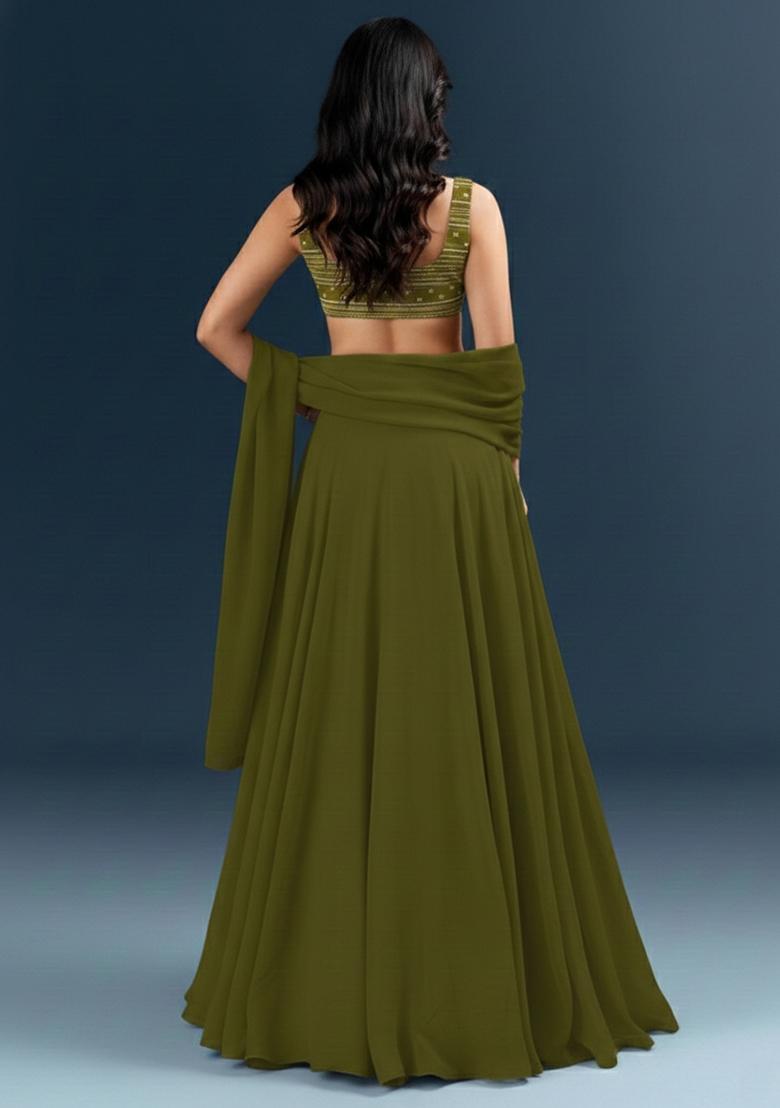 Olive Green Embroidered Chanderi Lehenga Set - Indya