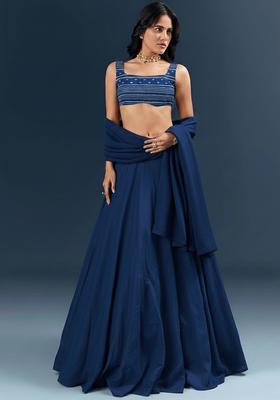 Navy Blue Embroidered Chanderi Lehenga Set