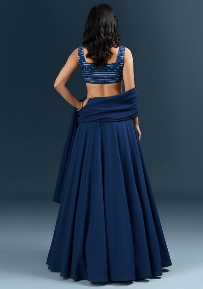 Navy Blue Embroidered Chanderi Lehenga Set - Indya
