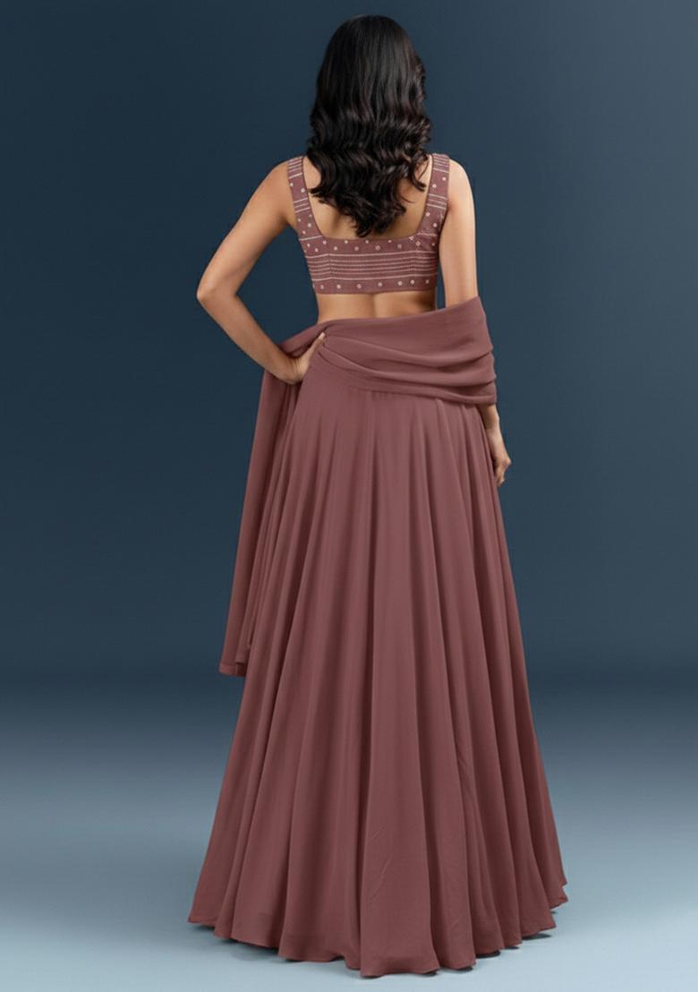 Mauve Embroidered Chanderi Lehenga Set - Indya