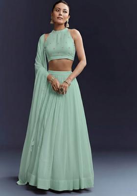 Mint Printed Silk Blend Lehenga Set