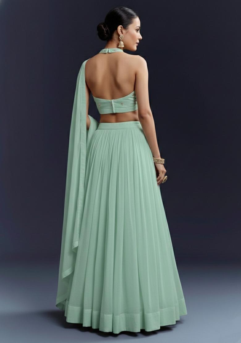 Mint Printed Silk Blend Lehenga Set - Indya