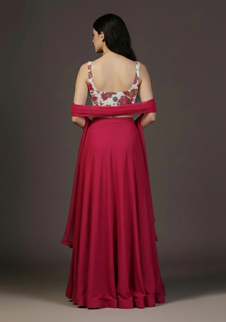 Hot Pink Embroidered Crepe Lehenga Set - Indya