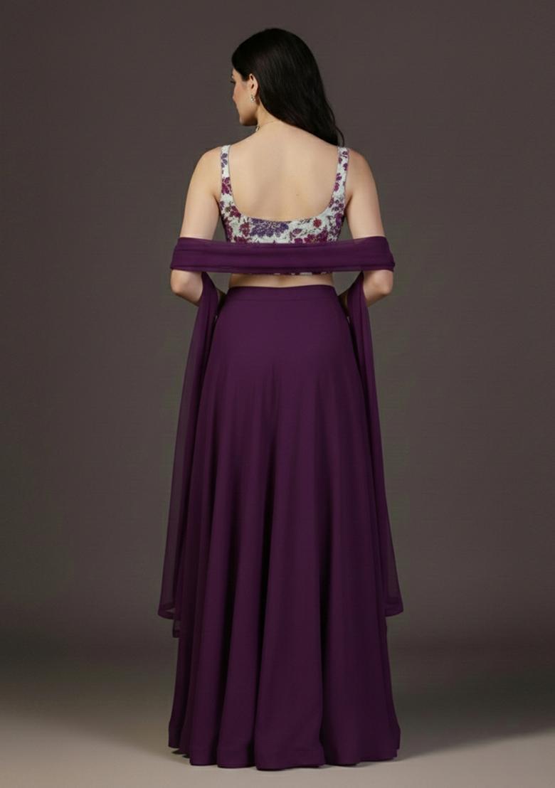 Violet Embroidered Crepe Lehenga Set - Indya
